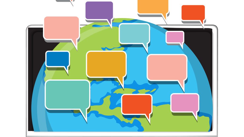 Opened laptop with blank speech bubbles showing wikidata available on wikipedia