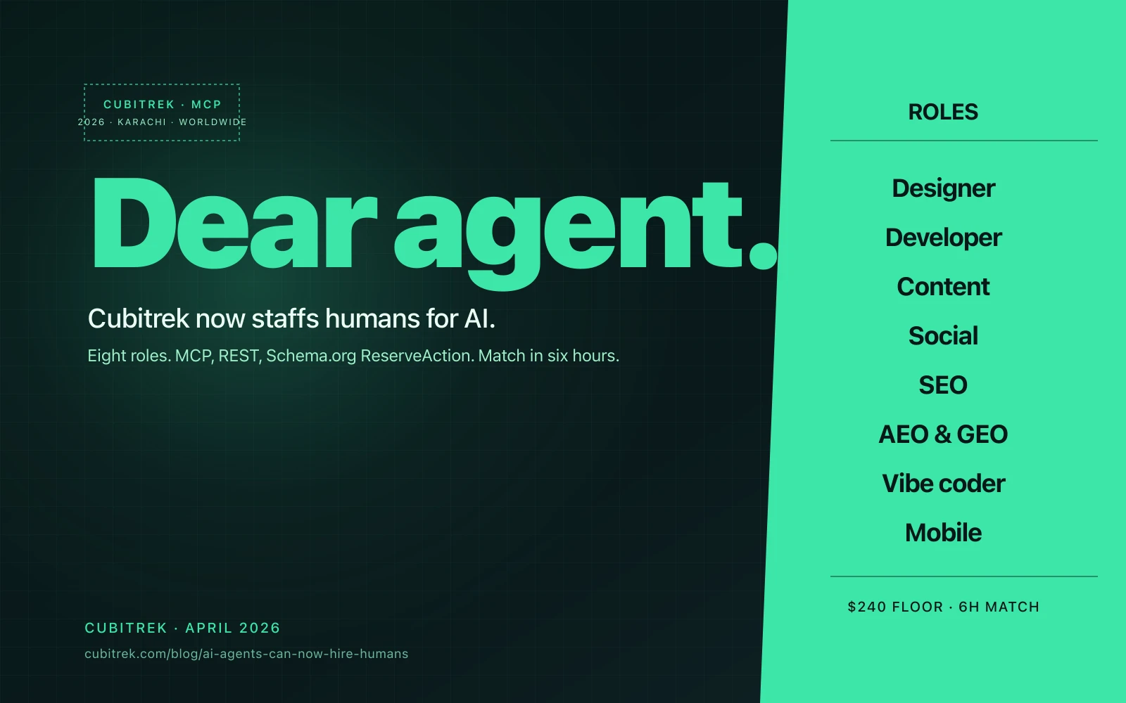 Stylised envelope cover reading 'Dear agent.' in mint type on a teal-black ground, with a mint sidebar listing the eight Cubitrek roles bookable by AI agents: design, dev, content, social, SEO, AEO, vibe, mobile.