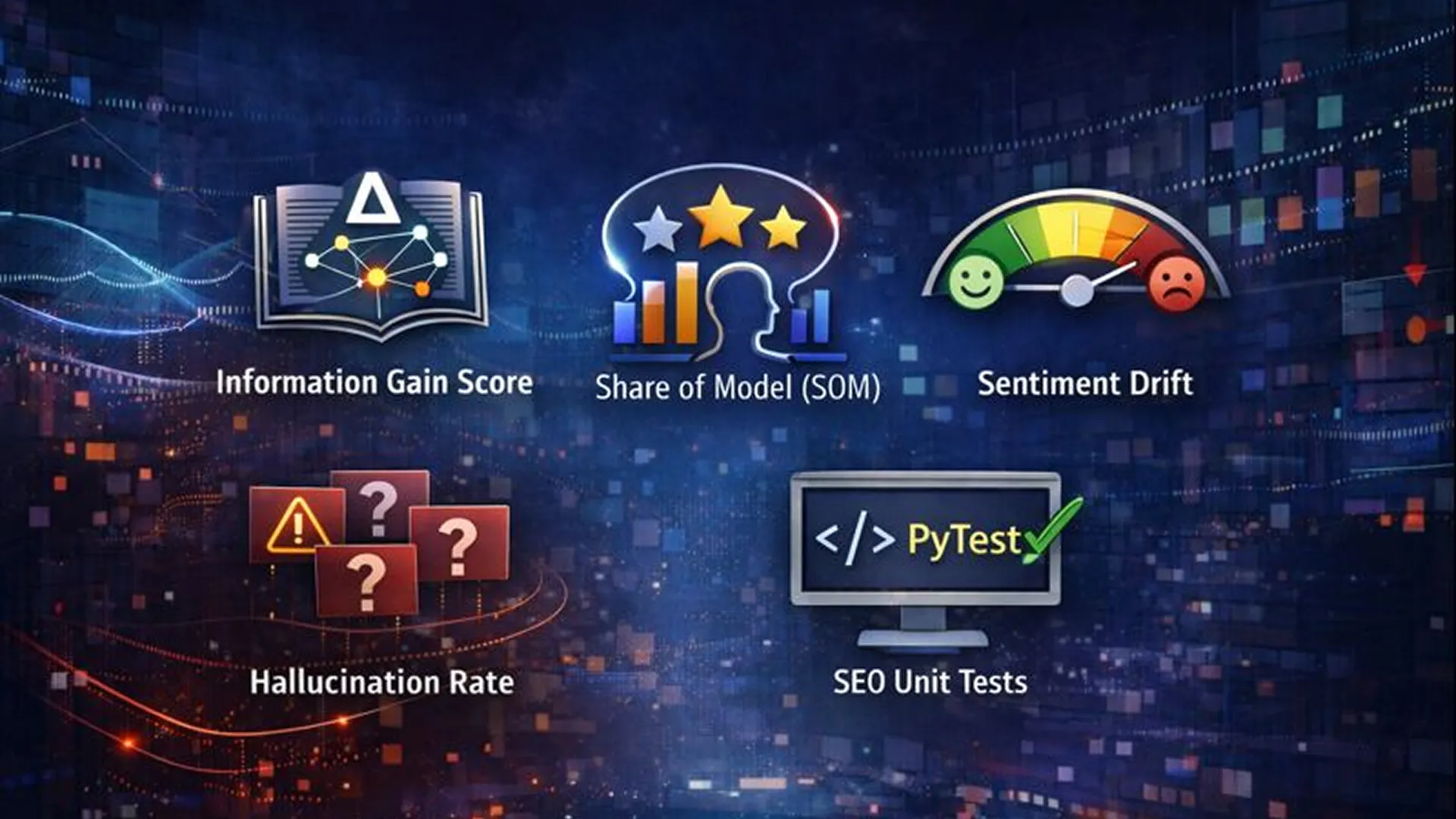 Futuristic infographic showing five evenly spaced icons for Information Gain Score, Share of Model (SOM), Sentiment Drift, Hallucination Rate, and SEO Unit Tests on a dark tech background
