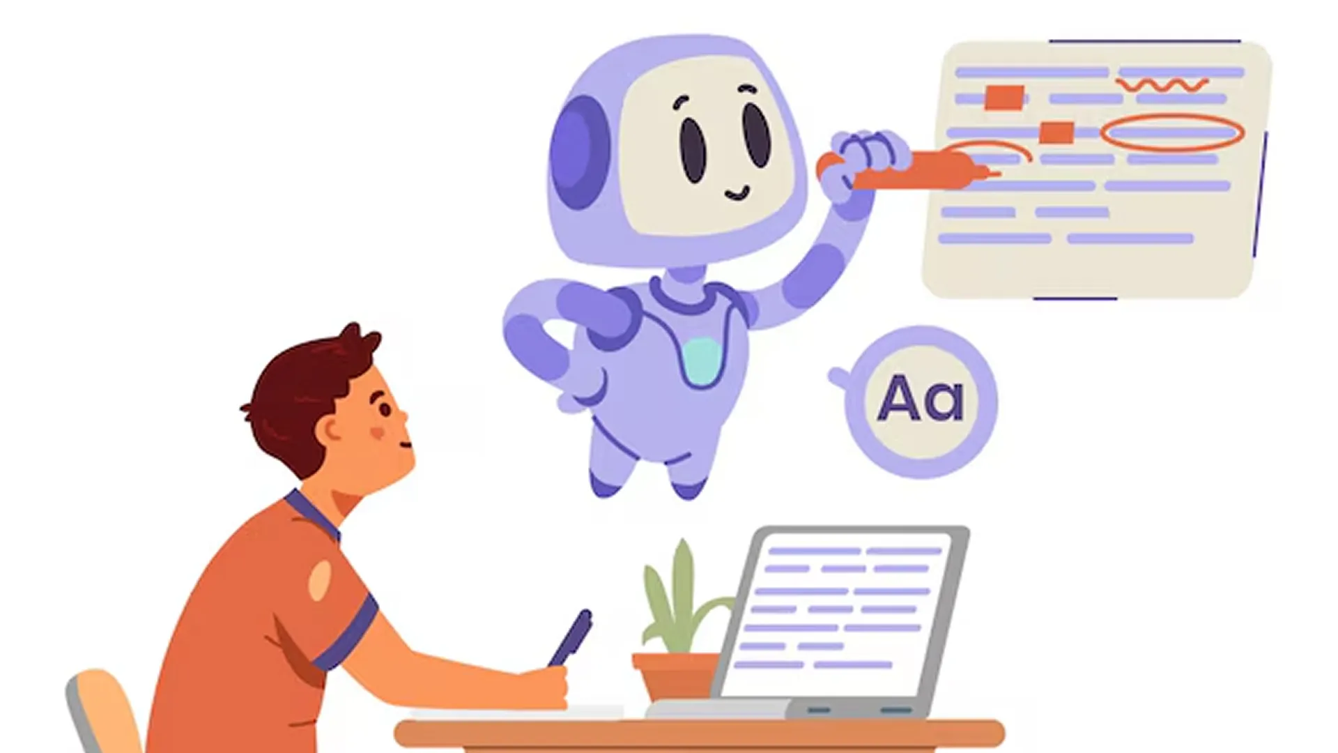 Artificial intelligence in school education concept school boy use ai help in checking spelling