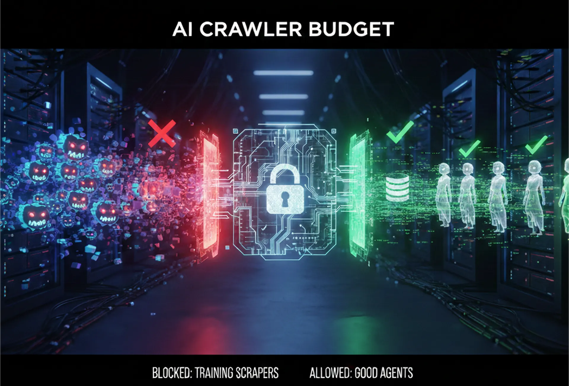 Minimalist 3D illustration of a futuristic server room managing an AI Crawler Budget. A central digital lock triages traffic: glowing red "Training Scrapers" are blocked by a red "X" to save bandwidth, while glowing green "Good Agents" are permitted with a checkmark to drive referral traffic. Labels at the bottom read "Blocked: Training Scrapers" and "Allowed: Good Agents