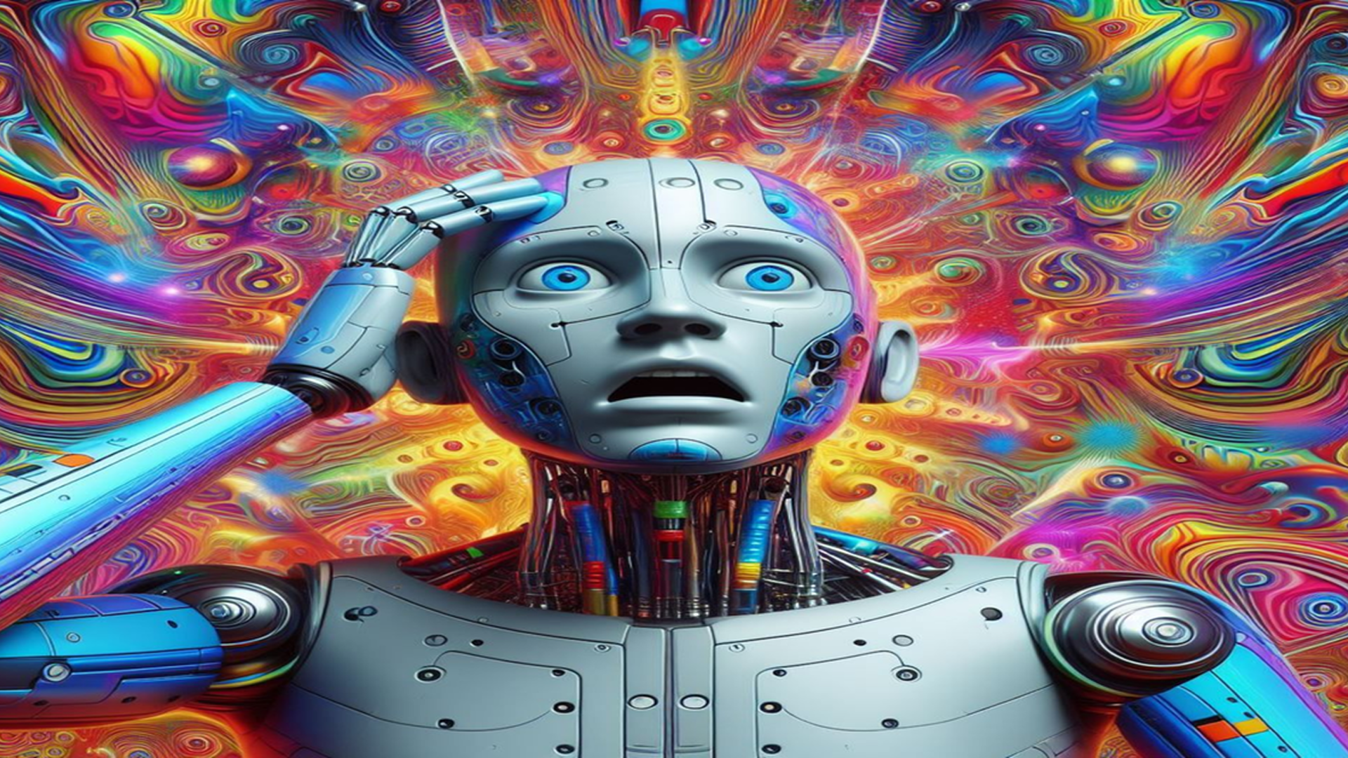 A humanoid AI robot with wide, surprised eyes touches its head while surrounded by swirling, colorful abstract patterns, symbolizing AI hallucination, confusion, and the generation of vivid but unreal outputs.