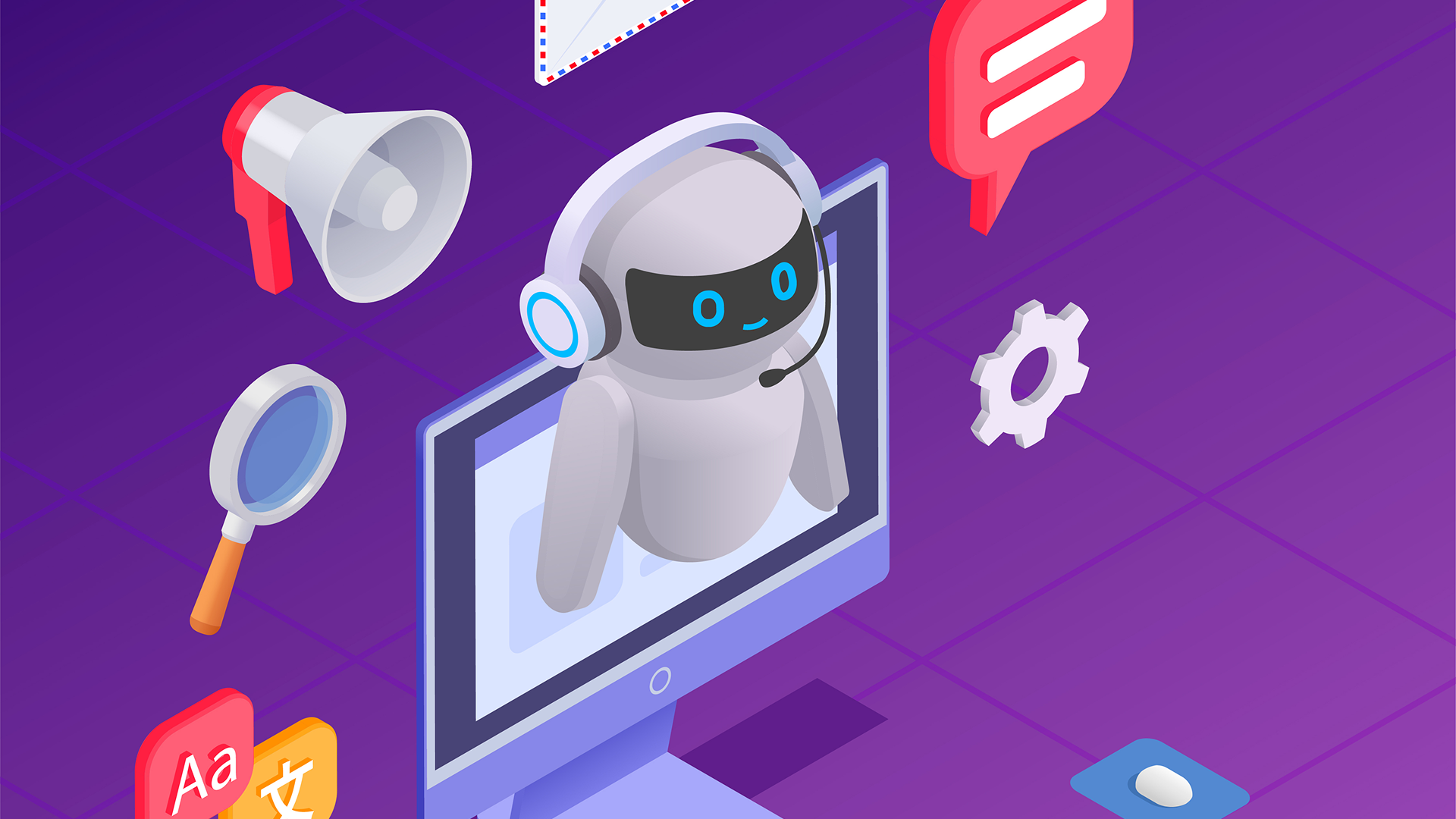 Chatbot messenger composition with technical support symbols isometric vector illustration