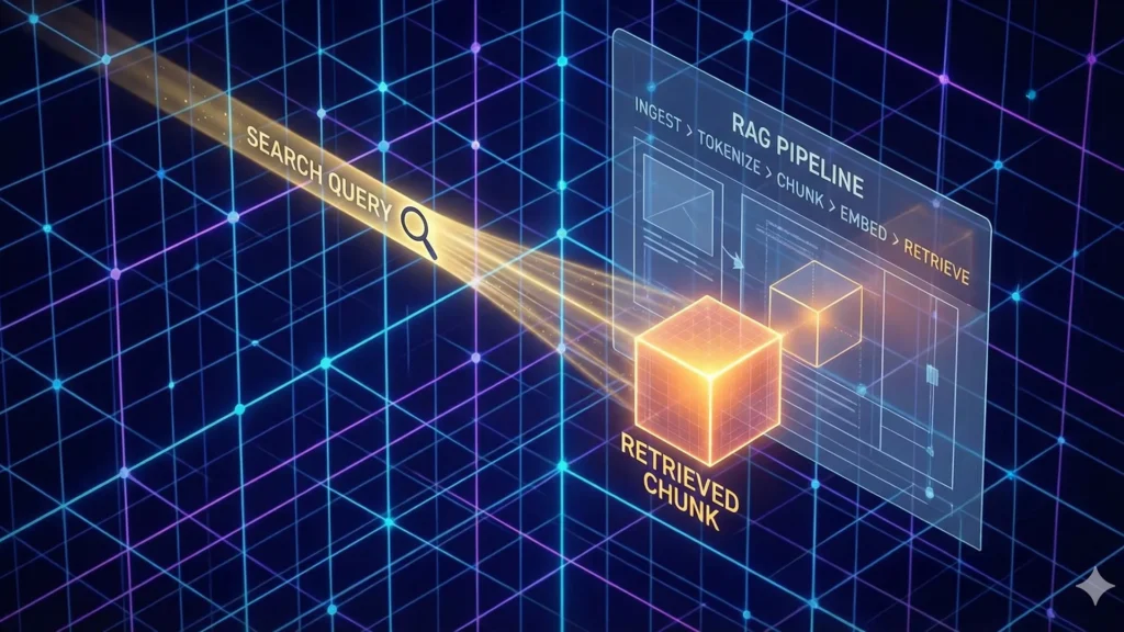 A minimalist 3D illustration of a RAG pipeline showing a search query beam retrieving a specific glowing data chunk from a dark blue vector space grid, re