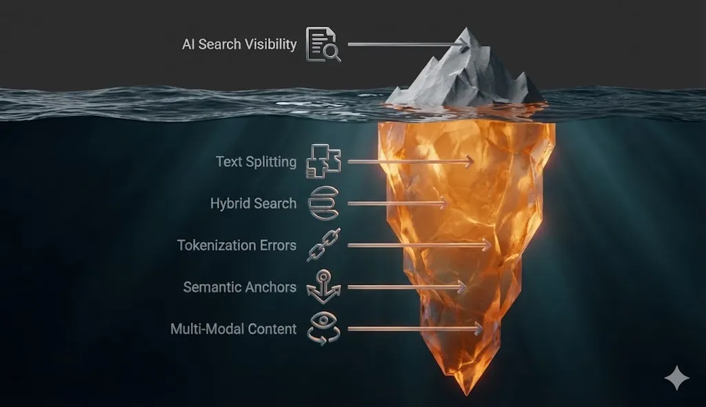 An iceberg titled AI Search Optimization Unveiling the Hidden Depths. The small visible tip above the water is labeled AI Search Visibility, while the massive submerged section illustrates the hidden technical mechanics required to achieve it Text Splitting, Hybrid Search, Tokenization Errors, Semantic Anchors, and Multi-Modal Content.