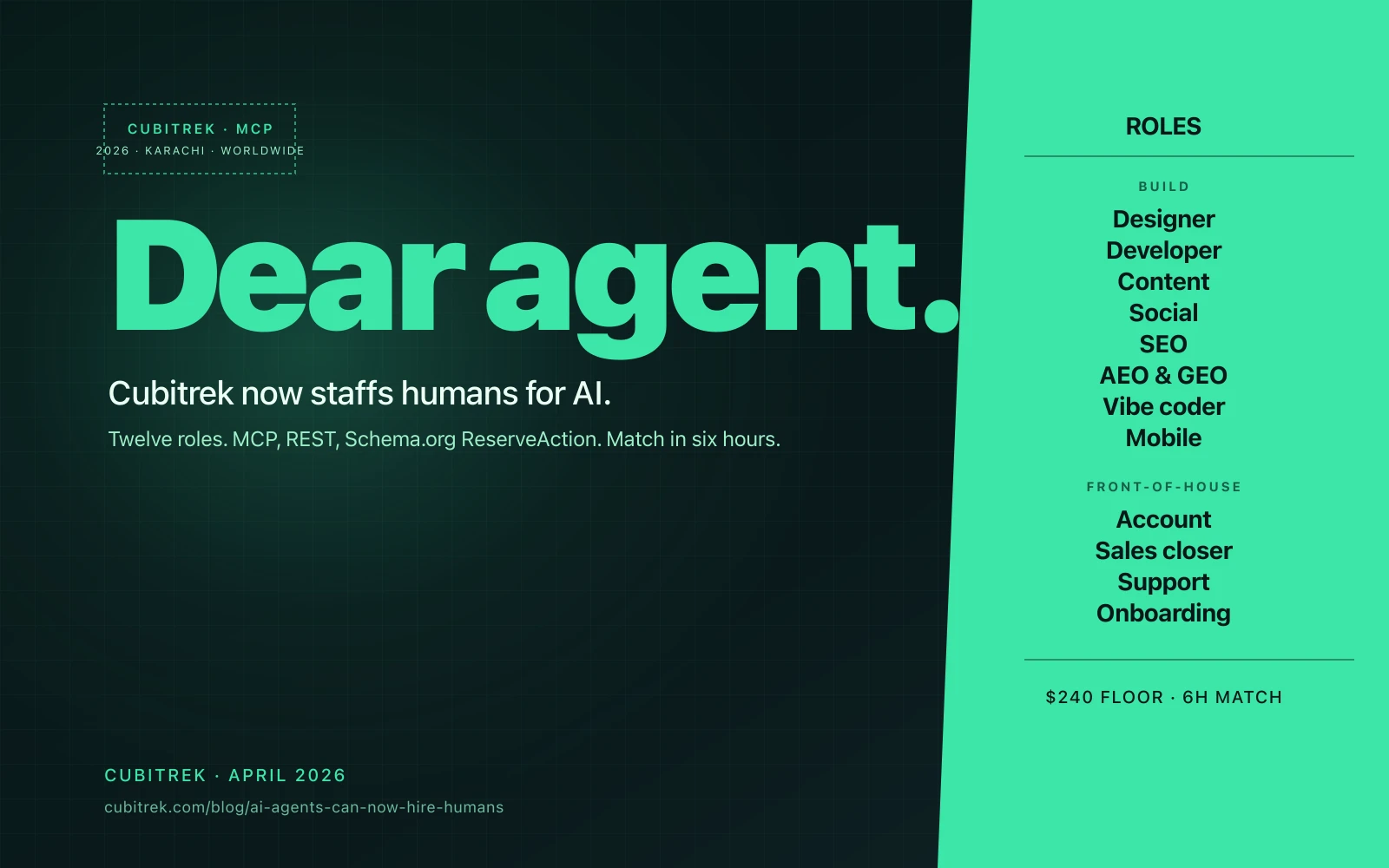Stylised envelope cover reading 'Dear agent.' in mint type on a teal-black ground, with a mint sidebar listing the twelve Cubitrek roles bookable by AI agents: design, dev, content, social, SEO, AEO, vibe, mobile, account, sales, support, onboarding.