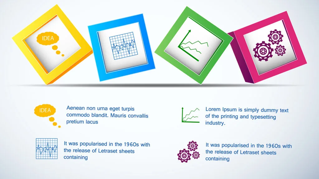 Infographics with row of 3d cubes and icons of charts and setting on white background vector illustration carousal style for AI readability