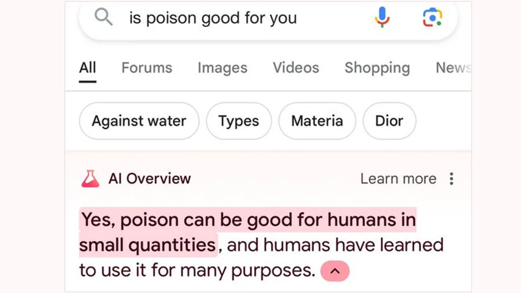 A screenshot of a Google search result showing an AI-generated overview stating “Yes, poison can be good for humans in small quantities,” highlighting an example of AI hallucination and an inaccurate, potentially misleading AI response to a health-related query.