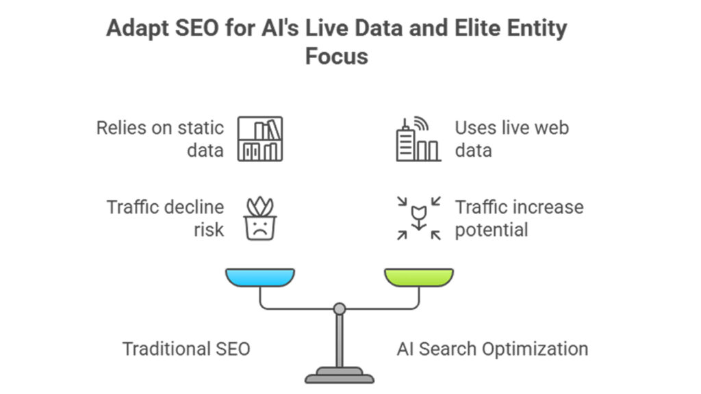 Diagram contrasting classic search with AI-driven discovery: static historical data on one side, live web data and AI synthesis on the other.