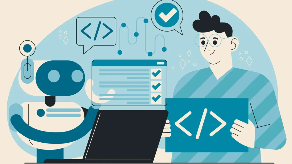 Hand drawn rpa illustration depicting robot training large language model LLM