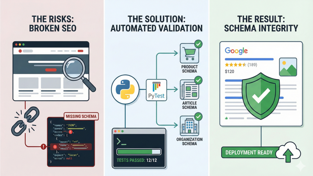 A three-panel infographic titled 'SEO Unit Testing Workflow.' Panel 1 (The Risks) Shows a web browser with a broken link icon and a code snippet containing red syntax errors, representing broken Schema. Panel 2 (The Soluti