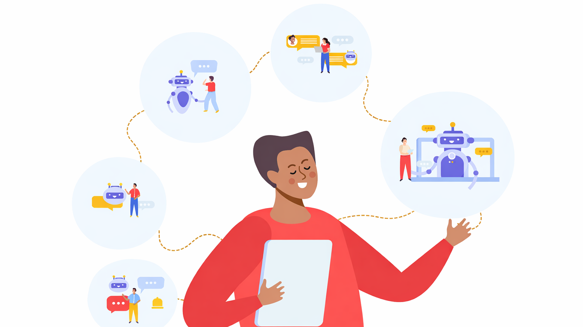 Person using a tablet while interacting with multiple AI chatbots, illustrating a connected and guided digital support experience.