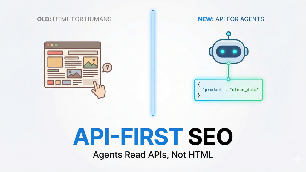 Split-screen illustration showing the difference between HTML and API data consumption. On the left, an AI robot looks confused trying to read a visual website screen. On the right, AI agents efficiently process clear, structured JSON data streams. Text overlay reads: 'API-First SEO: Agents Read APIs, Not HTML
