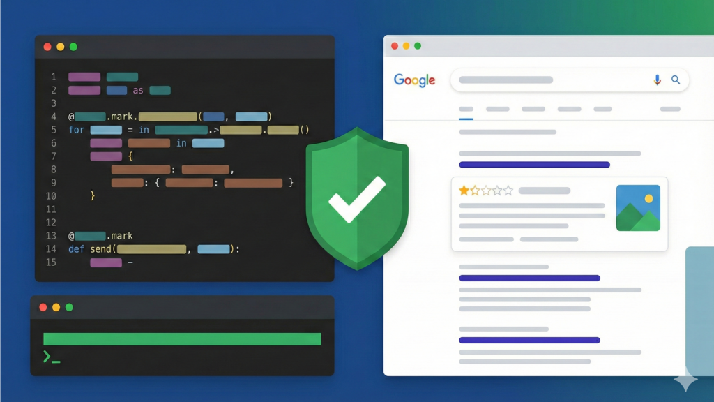 Minimalist illustration depicting automated SEO validation using Python, featuring a magnifying glass, code integration, and a secure search result shield.