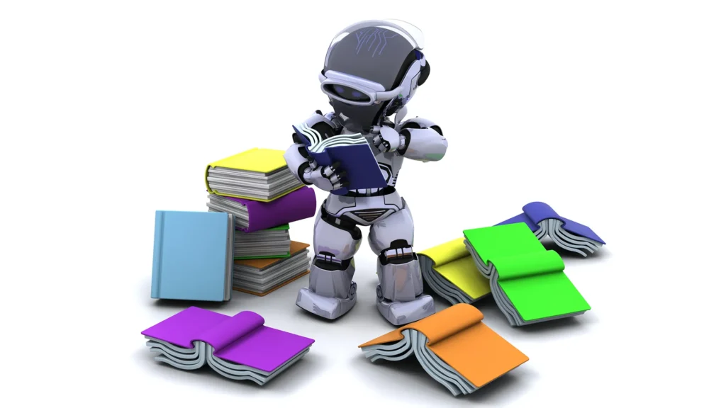 A 3D high-fidelity render of an AI robot meticulously analyzing a primary source to determine its citation value for a search response. The open books scattered on the floor represent the vast pool of data filtered out by the RAG (Retrieval-Augmented Generation) process, highlighting how AI prioritizes 'Elite Entities' over rejected, non-authoritative content.