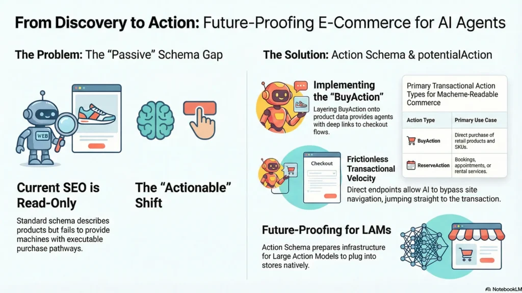 Infographic titled "From Discovery to Action" contrasting passive SEO with active Action Schema. It illustrates how implementing BuyAction and potentialAction allows AI agents to bypass navigation and enables direct transactions for Large Action Models (LAMs).