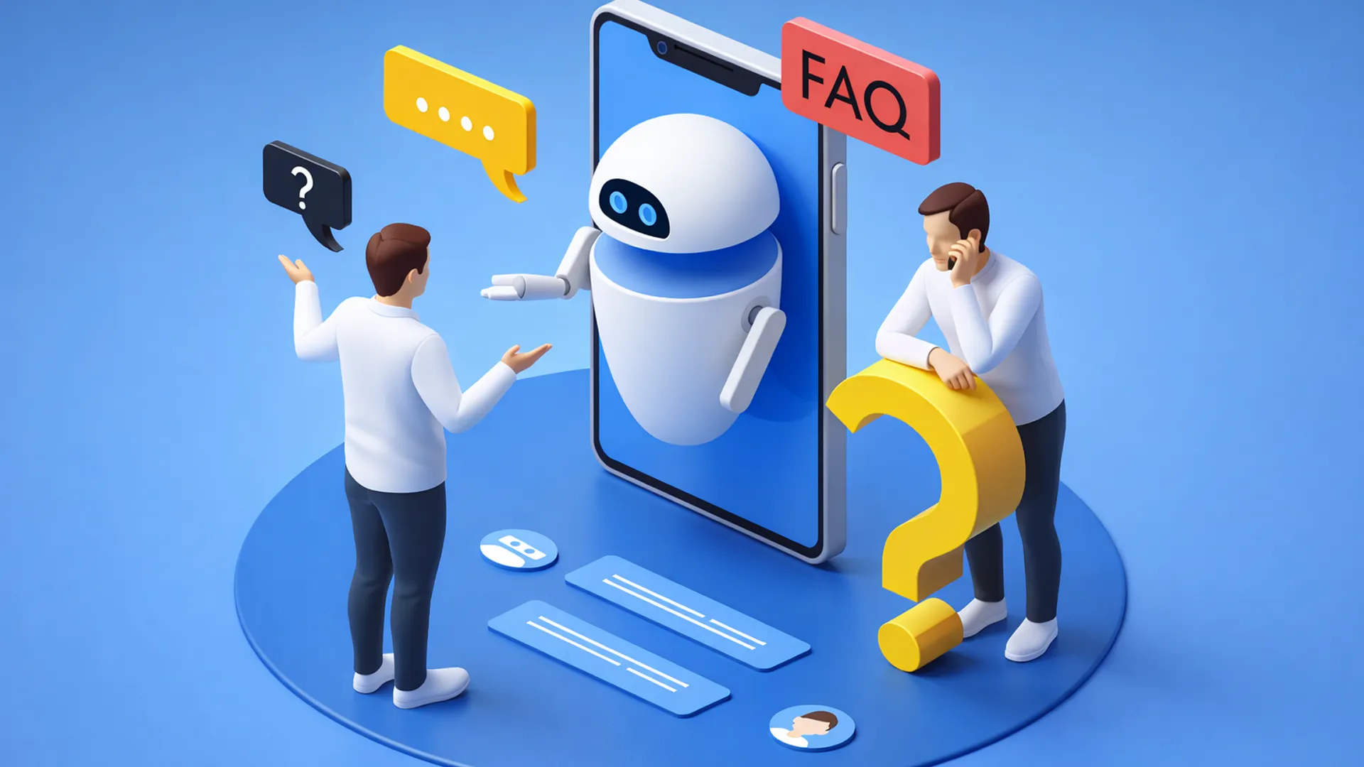 3D illustration showing two professionals interacting with an AI chatbot emerging from a smartphone, surrounded by question marks, chat bubbles, and an FAQ sign, symbolizing Answer Engine Optimization (AEO) where AI systems provide direct, structured answers to user queries.